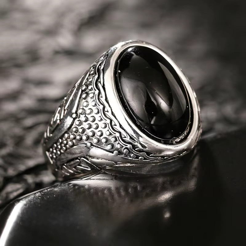 Huitan Schmuck Damen, Silber, Vintage, schwarzer ovaler Stein - Bild 2