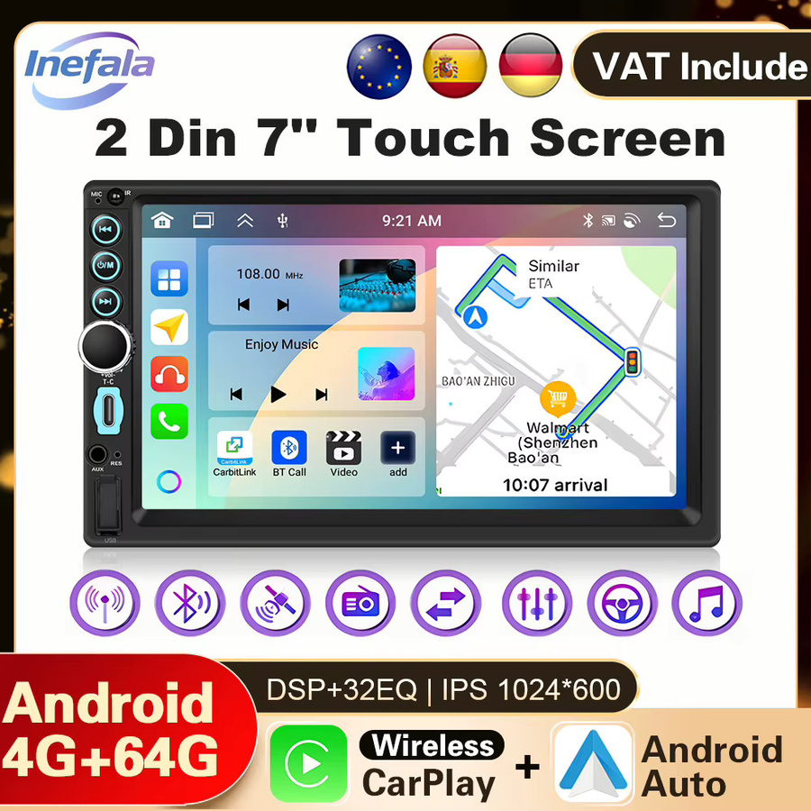 Podofo Android 15 Autoradio 2 Din mit 7 Zoll Touchscreen, 4+64GB, WLAN, GPS, Bluetooth, kabelloses CarPlay und Android Auto, Schwarz - Bild 2