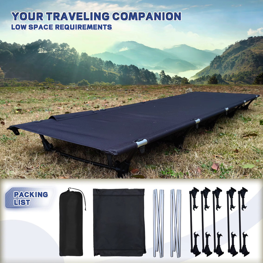 LIFEWITHCAMP Campingbett ultraleicht und kompakt, tragbares Klappbett aus Metall und Stoff in Schwarz mit Seitenfächern für Erwachsene - Bild 5
