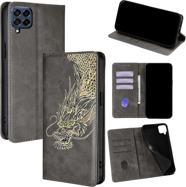 Magnetische Leder Flip Case mit Drachenmuster für Samsung Galaxy M55 M35 M54 M53 M52 M51 M34 M33 M31 M22 C55 in Pink mit Kartensteckplätzen - Bild 1