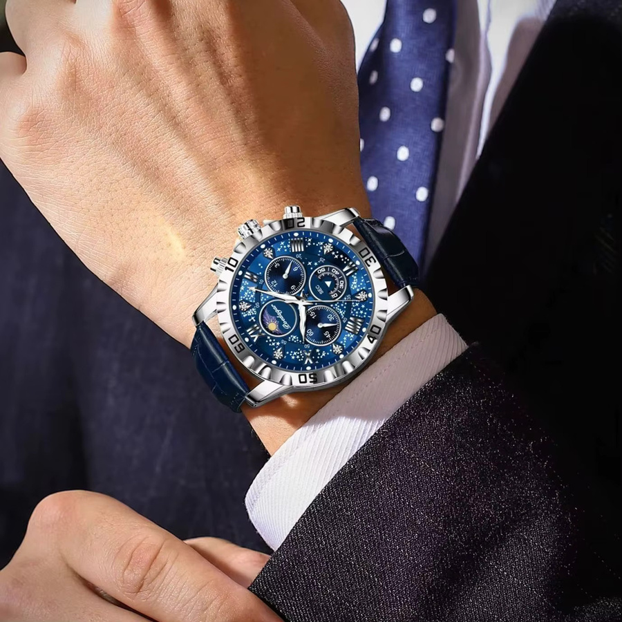 POEDAGAR Armbanduhr Chronograph, Quarz, Leder, Herren, Blau - Bild 5