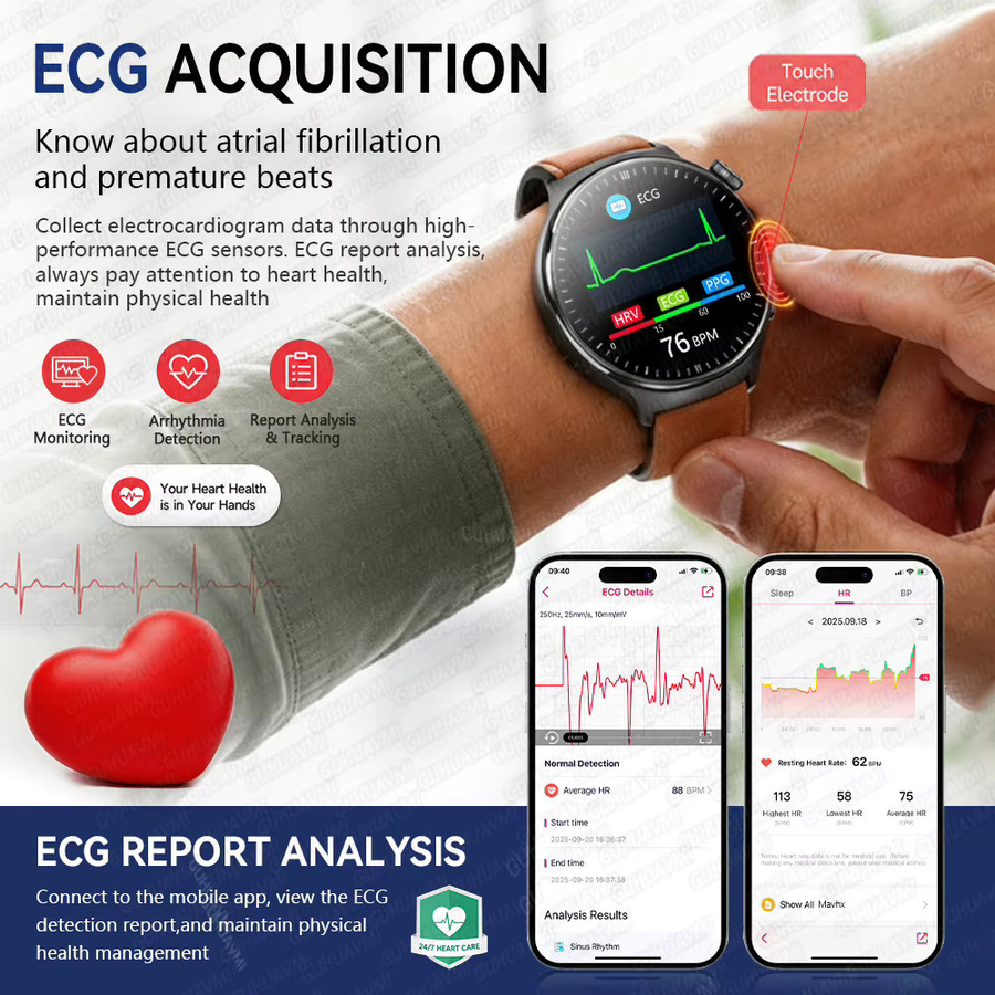 GUHUAVMI Smartwatch mit EKG, Blutsauerstoff, Blutdruck, Lipiden und Harnsäure-Überwachung sowie Anruffunktion für iOS und Android in Blau oder Schwarz - Bild 3