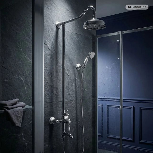 PaulGurkes Nostalgie Duschsystem Aufputz Regendusche Set in Chrom mit Handbrause und Diverter im Retro Landhausstil - Bild 1