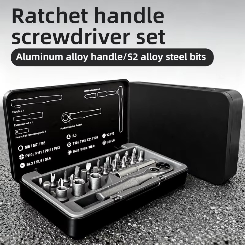 25-in-1 Hand-Ratschenschraubendreher-Set aus Aluminiumlegierung in Silber mit Chrom-Vanadium-Stahl Bits - Bild 2
