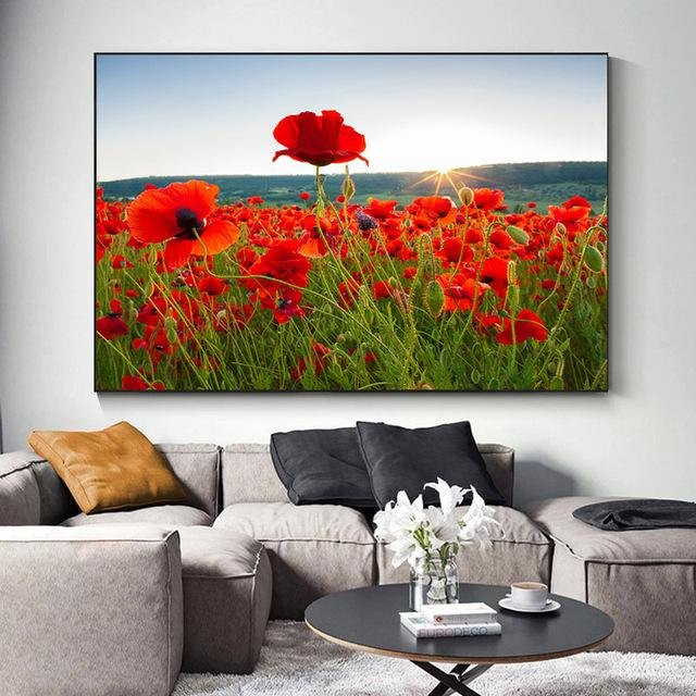 Moderne Leinwandmalerei Rote Mohnblumen Naturlandschaft Wandkunst Poster ohne Rahmen B: 40 cm, H: 20 cm - Bild 1
