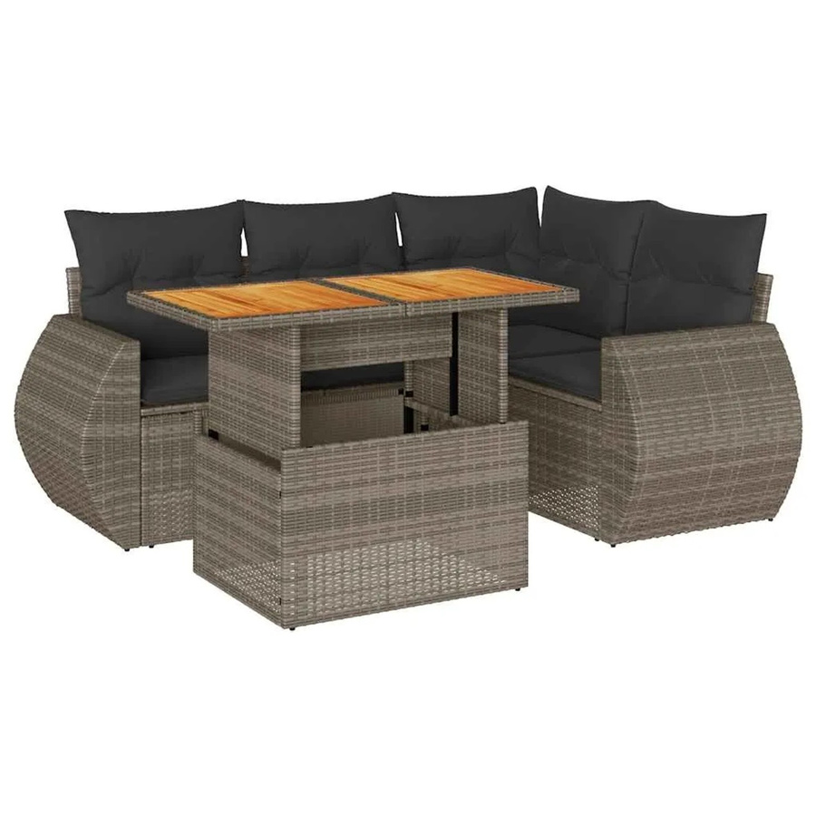 vidaXL 5-tlg Garten-Sofagarnitur in L-Form aus PE-Rattan und Akazienholz mit grauen Kissen - Bild 2