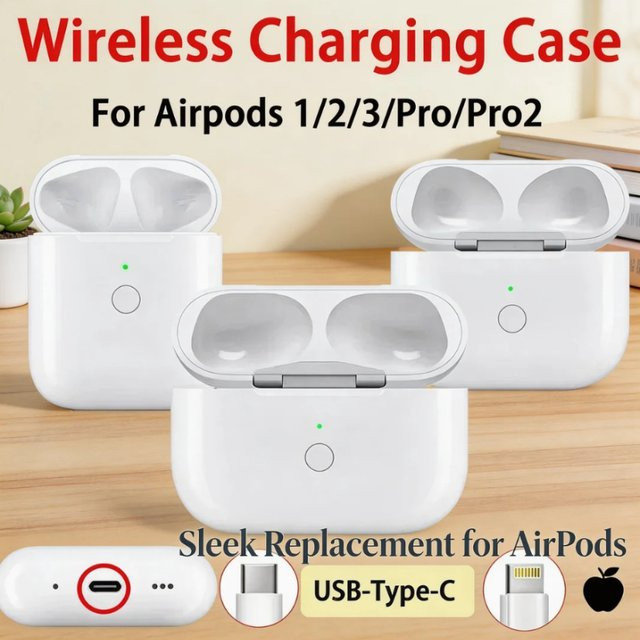 NUOYING Kabellose Ladehülle für AirPods Pro 1/2/3 mit USB-C Schnellladung und LED-Energieanzeige, Weiß - Bild 1