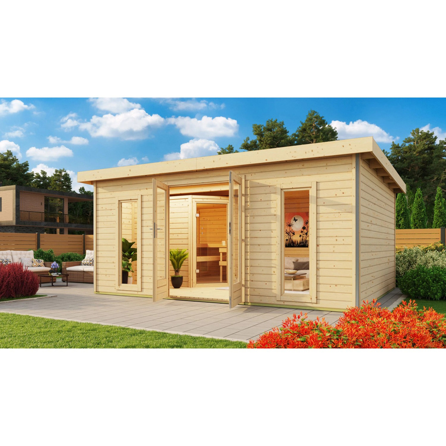 Karibu Saunahaus Magnus 4 Set in Natur mit 9 kW Ofen und externer Steuerung aus nordischer Fichte, Farbe: Brown - Bild 2
