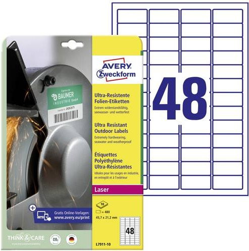 Avery Zweckform Folien-Etiketten L7911-10, Weiß, B: 45,7 mm, H: 21,2 mm, 480 Stück - Bild 1