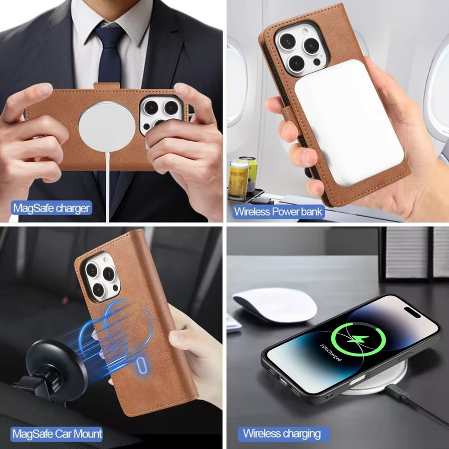2-in-1 MagSafe Wallet Case für iPhone 16 Pro Max 15 Plus 14 Pro Max 13 12 magnetische kabellose Lade-Telefonabdeckung in Braun - Bild 5