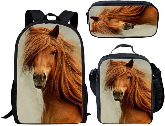 Fancy Style Studio Schulset Pferd in Beige bestehend aus Rucksack, Brotdose und Federmäppchen für Kinder und Jugendliche - Bild 1