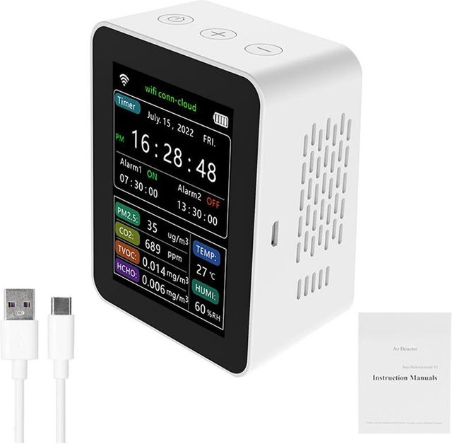 Tuya WiFi Intelligenter Luftqualitätsdetektor 6-in-1 mit PM2.5 CO2 TVOC HCHO Temperatur und Luftfeuchtigkeit in Weiß - Bild 1