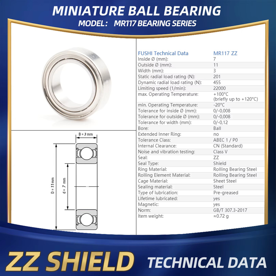 FUSHI MR117ZZ Lager aus Edelstahl, 10 Stück, Maße: B: 11 mm, H: 7 mm, T: 3 mm, korrosionsbeständig für Industriemotoren - Bild 3
