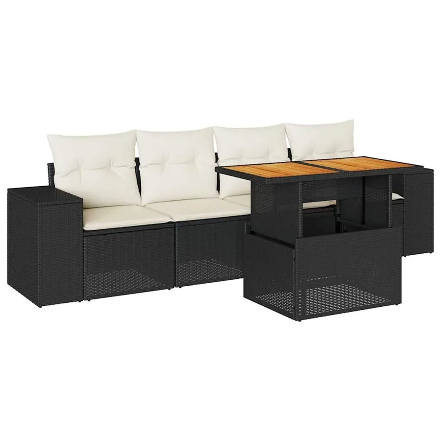 vidaXL 5-teilige Garten-Sofagarnitur aus Poly-Rattan und Akazienholz in Schwarz-Creme mit Kissen - Bild 2
