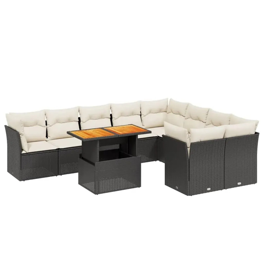 vidaXL 10-teilige Garten-Sofagarnitur in L-Form aus Poly-Rattan und Akazienholz mit Kissen, Schwarz-Creme - Bild 2