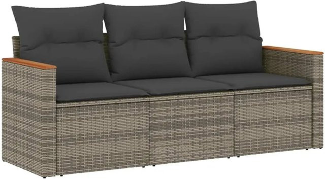 vidaXL 3-teilige Garten-Sofagarnitur aus Polyrattan in Grau mit Kissen und Armlehnen - Bild 1