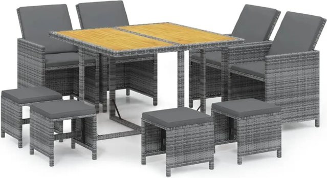 vidaXL 9-teilige Garten-Essgruppe aus Poly-Rattan und massivem Akazienholz in Grau mit Kissen - Bild 1