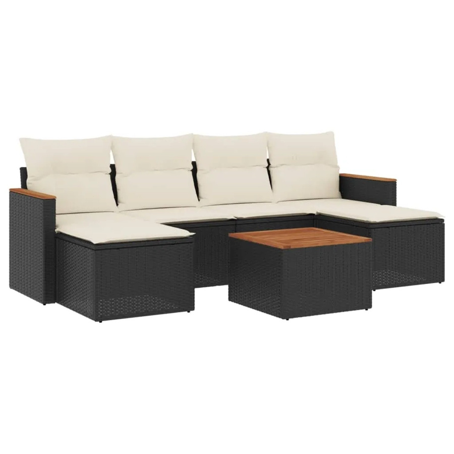 vidaXL 7-teilige Garten-Sofagarnitur aus Poly-Rattan und Akazienholz in Schwarz-Creme mit Kissen - Bild 2