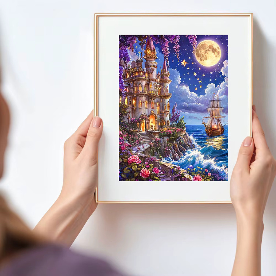 Huacan Diamantmalerei Landschaft mit Meer, Mond, Boot und Schloss, Diamantmosaik in Multicolour, B/H: 30,0 x 20,0 cm - Bild 3
