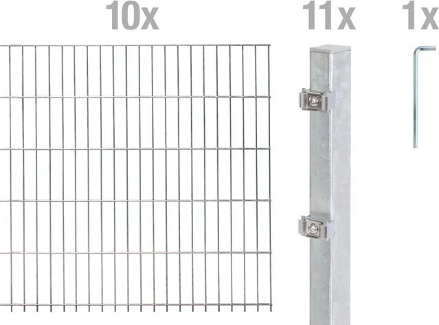 Metallzaun Doppelstabmatte Grund-Set aus Stahl, feuerverzinkt, Farbe: Silber, B/H: 2 m x 1,6 m, 10 Stück - Bild 1