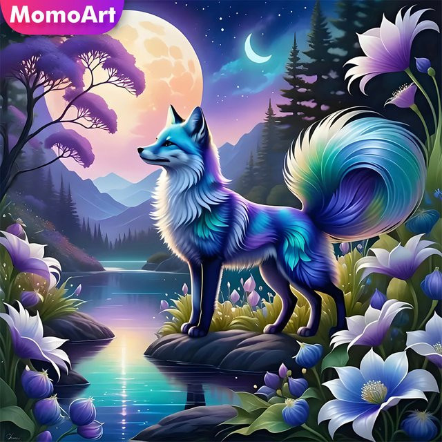 Momoart Diamant-Malerei Fuchs mit Blumenmuster und Mond als DIY-Mosaik-Stickerei für Erwachsene in Multicolour - Bild 1