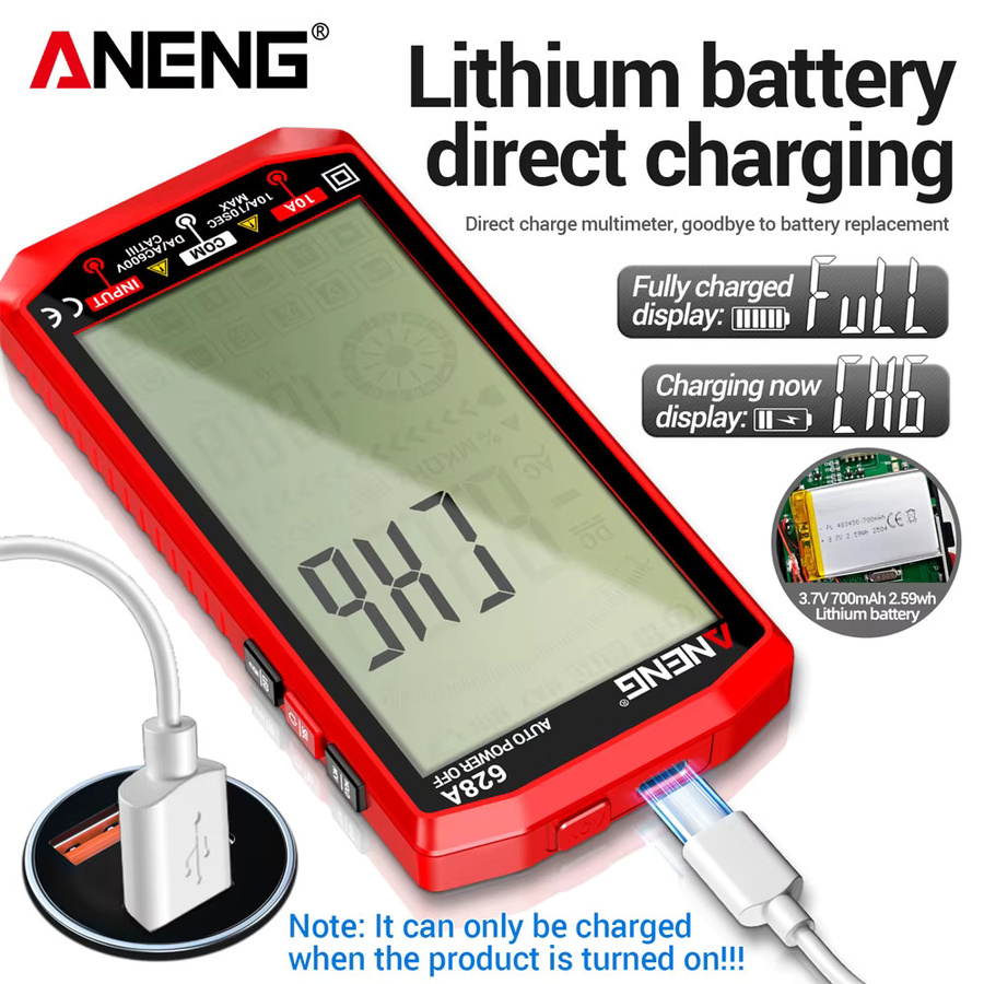 ANENG Digital-Multimeter-Tester mit hintergrundbeleuchtetem Display, wiederaufladbar, 1000 V/10 A und biegsamer Sonde, Farbe: Rot - Bild 3