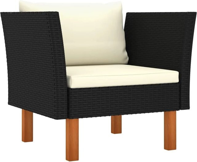 vidaXL Gartensofa aus Poly Rattan und Eukalyptus Massivholz mit Polstern in Schwarz und Cremeweiß - Bild 1