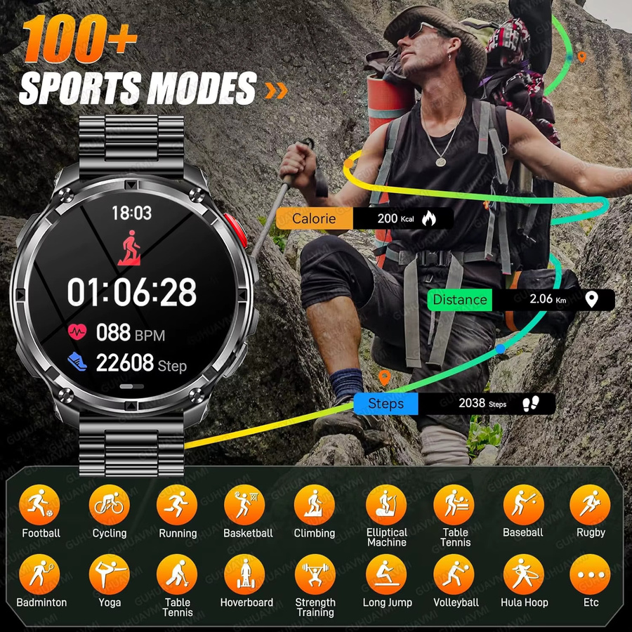 KAVSUMI T-Rex 3 Ultra Smartwatch für Männer mit 1,7 Zoll AMOLED Display, 5ATM Wasserdichtigkeit, Bluetooth Anruffunktion, Kompass und LED Taschenlampe, 1100 mAh Akku, Grau/Schwarz - Bild 5