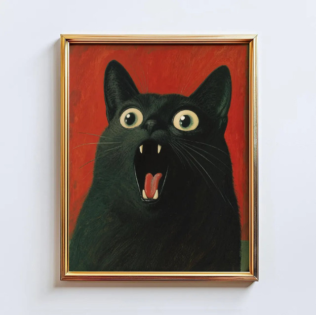 Moderne Wandkunst von SHENCHEN: Expressives Porträt einer schwarzen Katze auf rotem Hintergrund als Leinwanddruck - Bild 1