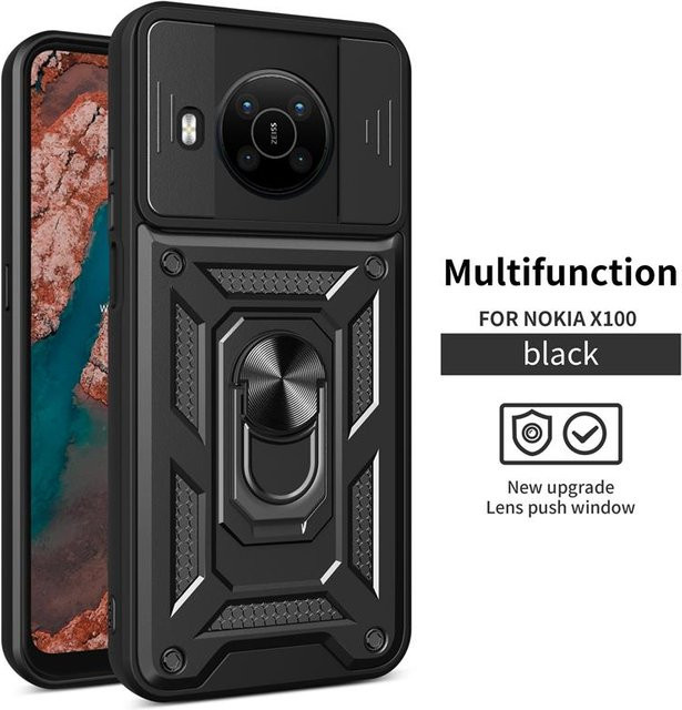 Magnetische Handyhülle mit Push-Pull-Kameraschutz und Autoringständer für Nokia G10 G20 X100 C1 C10 C20 C30 in Schwarz - Bild 1