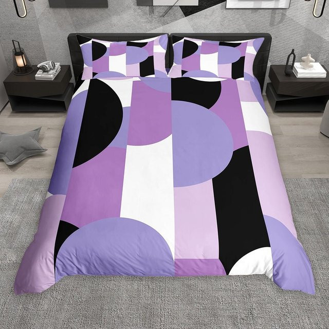 Homewish Bettbezug-Set mit Kissenbezügen in Lila, Abstraktes Streifen-Design mit geometrischen Halbkreisen, Modernes Minimalistisches Microfaser-Bettset, B/H: 135 x 200 cm - Bild 1