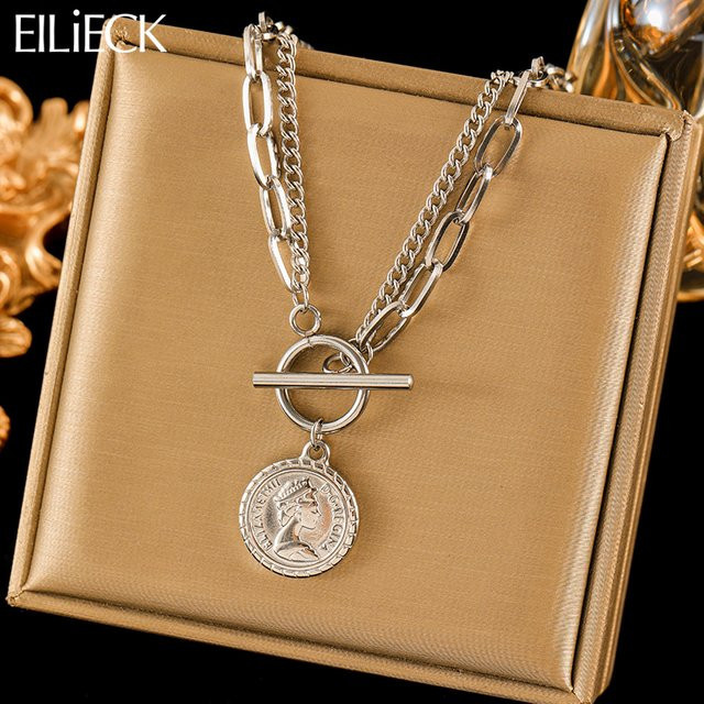 EILIECK Halskette mit Porträt Münze Anhänger, Edelstahl, Silber, Damen - Bild 1