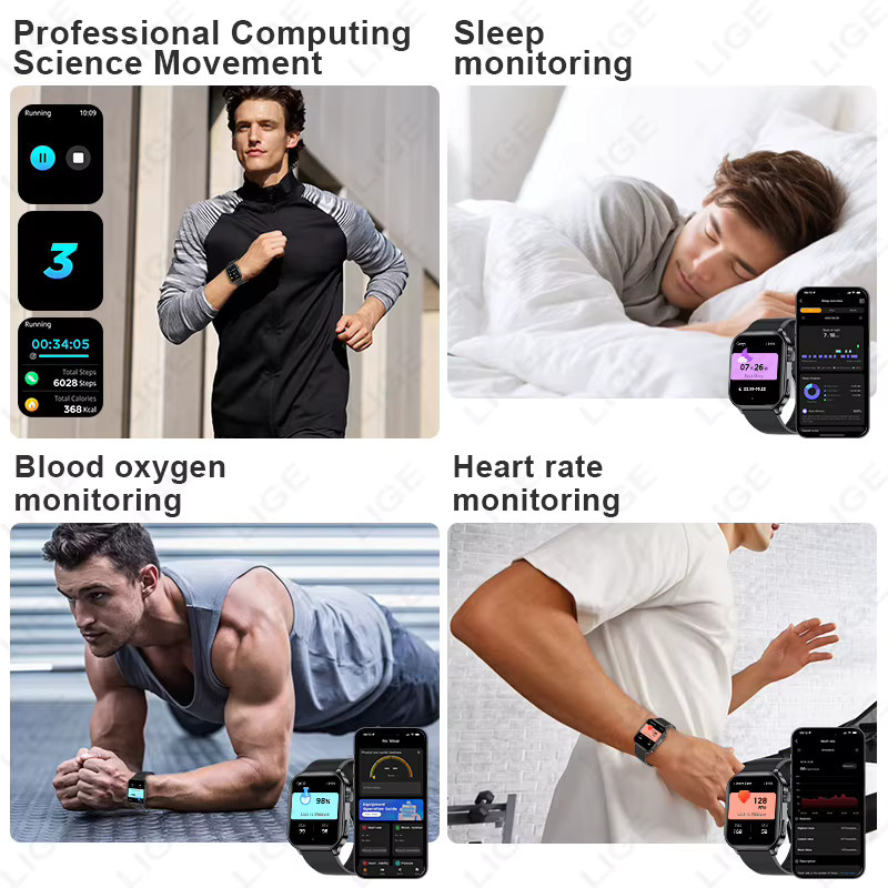 LIGE Smartwatch mit 2,01 Zoll Display, Bluetooth Anruffunktion, Herzfrequenz-Monitor und IP68 Wasserdichtigkeit, Farbe: Schwarz - Bild 4