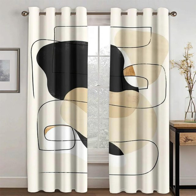 2er-Set abstrakte geometrische Fenstervorhänge mit modernem Bohème-Design von Household supplies MH, halbtransparent, mehrfarbig, B: 50 cm, H: 130 cm - Bild 1