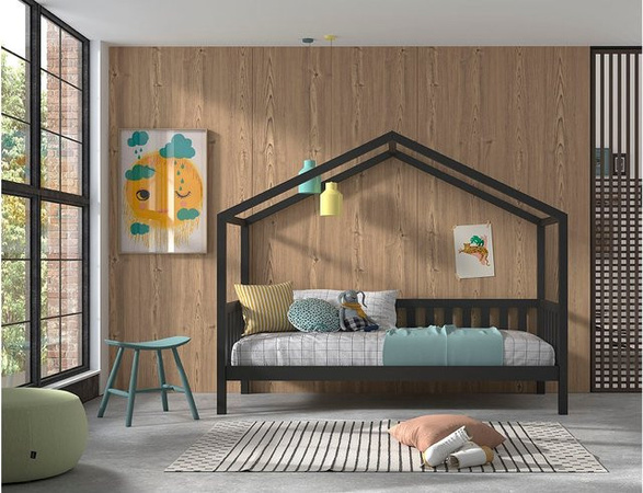 Vipack Hausbett Dallas aus massiver Kiefer mit seitlicher Umrandung und Rolllattenrost, Farbe Anthrazit, Liegefläche B: 90 cm, L: 200 cm