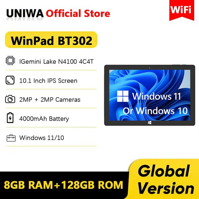 UNIWA Winpad BT302 10,1 Zoll Tablet PC mit Windows 11/10, N4100 Prozessor, 4GB RAM, 64GB Speicher, Schwarz - Bild 1