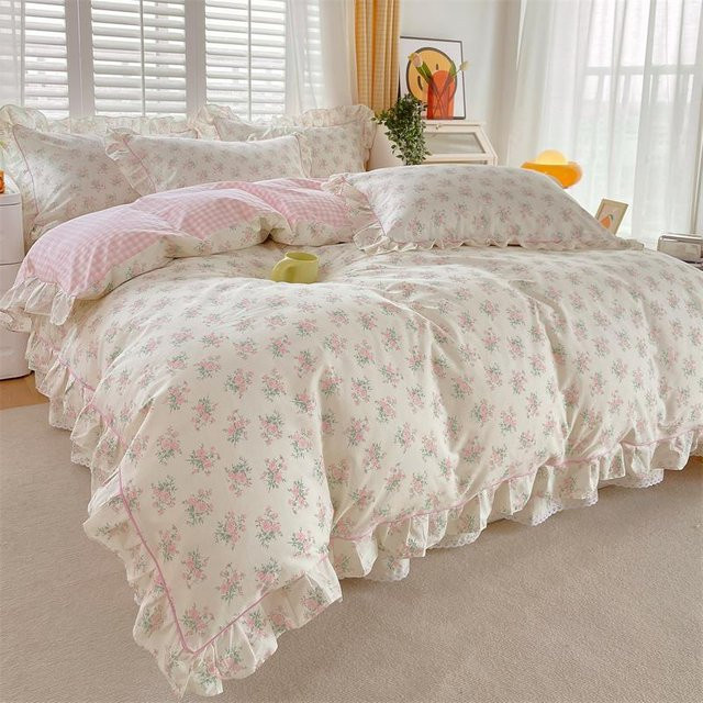 Bin Chi Textiles Bettbezug-Set mit Rüschen im Prinzessinnenstil aus 100% Baumwolle, Floral, Weiß, B/H: 150 x 200 cm - Bild 1