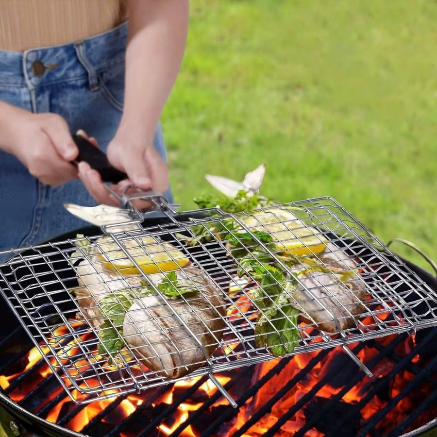 FEB.WIND Tragbarer Outdoor-Camping-Grillständer aus Edelstahl in Silber mit Grillkorb und abnehmbarem Griff - Bild 3