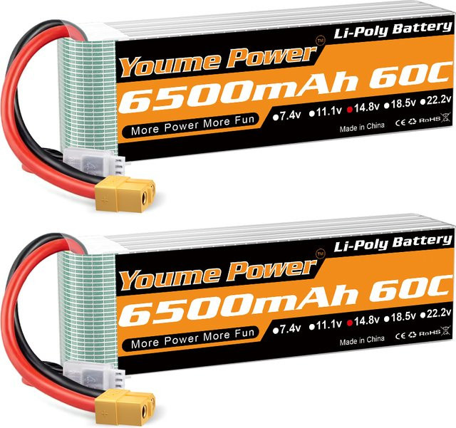 Youme 4S LiPo Akku 14,8V mit 6500mAh und XT60 Anschluss für RC FPV Flugzeuge, Drohnen, Racing-Boote und Autos - Bild 1