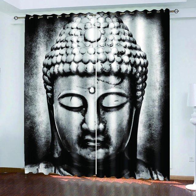 Yiran Furniture 2er-Set Lotus Zen Buddha Vorhänge mit 3D-Druck, halbtransparent, Polyester, B: 50 cm, H: 130 cm - Bild 1