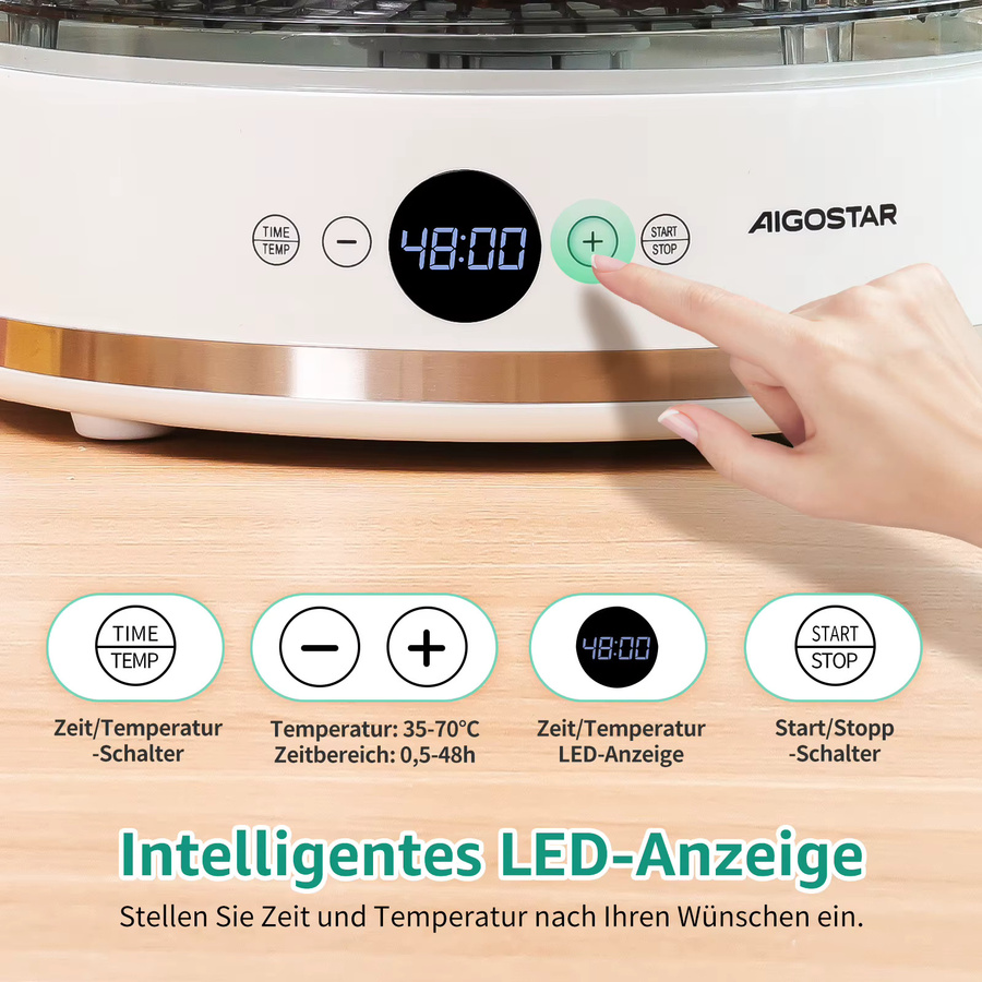 Aigostar Dörrautomat in Weiß mit LED-Anzeige, 5 höhenverstellbaren Tabletts, 380W, BPA-frei, mit Timer und einstellbarer Temperatur 35-70°C sowie FAN-Modus - Bild 2