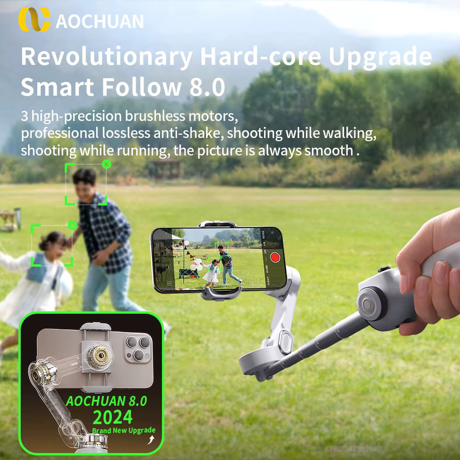 AOCHUAN Smart V8 3-Achsen-Hand-Gimbal-Stabilisator mit Verlängerungsstange und Stativ in Schwarz für iPhone und Android mit Gesichtsverfolgung für Livestreaming und Vlog - Bild 4