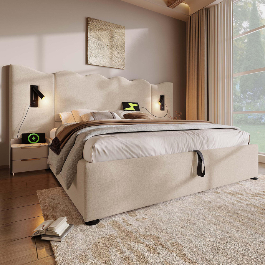 AB Store Polsterbett Doppelbett Beige mit wellenförmigem Kopfteil, integrierter Leselampe und USB-Ladeanschluss, H x B x T: 215 x 252 x 111 cm - Bild 2