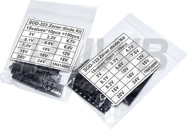 Zener-Dioden-Kit mit 15 Werten und 150 Stück in den Gehäusen SOD-123, 1206 und SOD-323, 0,5W, Farbe: Schwarz - Bild 1