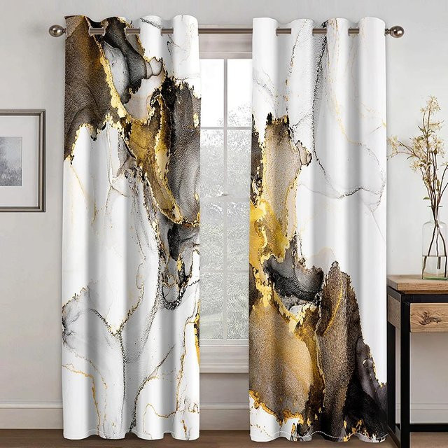 A Family Of Home Textiles Vorhang Set mit abstraktem geometrischem Marmor-Design, semi-transparent, weiß, 2er-Pack, Breite: 50 cm, Höhe: 50 cm pro Paneel, mit Ösen - Bild 1