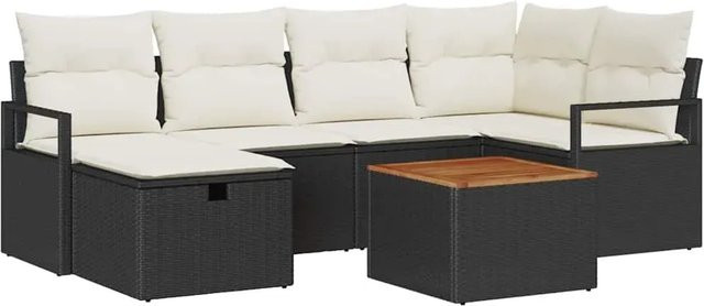 vidaXL Garten-Sofa-Set aus Polyrattan in Schwarz, 7-teiliges L-Shape Lounge-Set mit Kissen und Ottomane für Terrasse und Garten - Bild 1