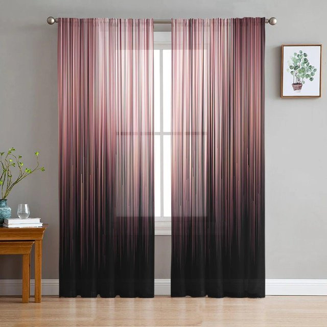 A Family Of Home Textiles Transparente Tüll-Vorhänge mit schwarz-weißen vertikalen Streifen, 2er-Set, B: 135 cm, H: 183 cm - Bild 1