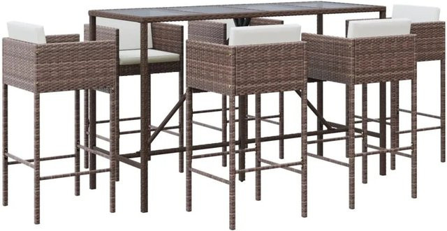 vidaXL 7-tlg Gartenbar-Set aus Poly Rattan mit Kissen und Hartglas, Braun - Bild 1