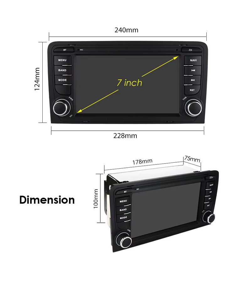 Hizpo 7-Zoll Android Autoradio für Audi A3 8P 2003-2012 S3 RS3 mit Carplay, GPS-Navigation, 8-Kern-Prozessor und KI-Sprachsteuerung in Schwarz - Bild 4