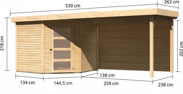 Karibu Gartenhaus Holz SCHWANDORF 5 aus nordischer Fichte, Flachdachhaus naturbelassen mit Anbaudach und Rückwand, B/T: 242 x 246 cm - Bild 1